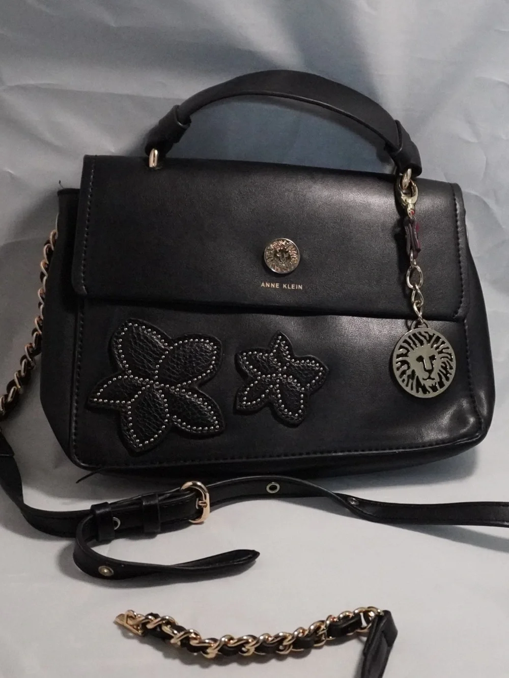 Anne Klein Black Floral Convertible Satchel Crossbody Bag